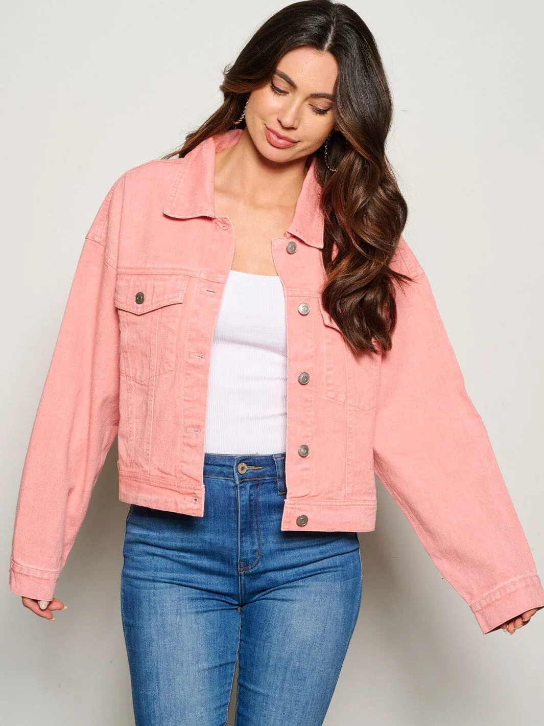 WOMEN'S LONG SLEEVE BUTTON CLOSURE STUDS FRINGE DENIM JACKET