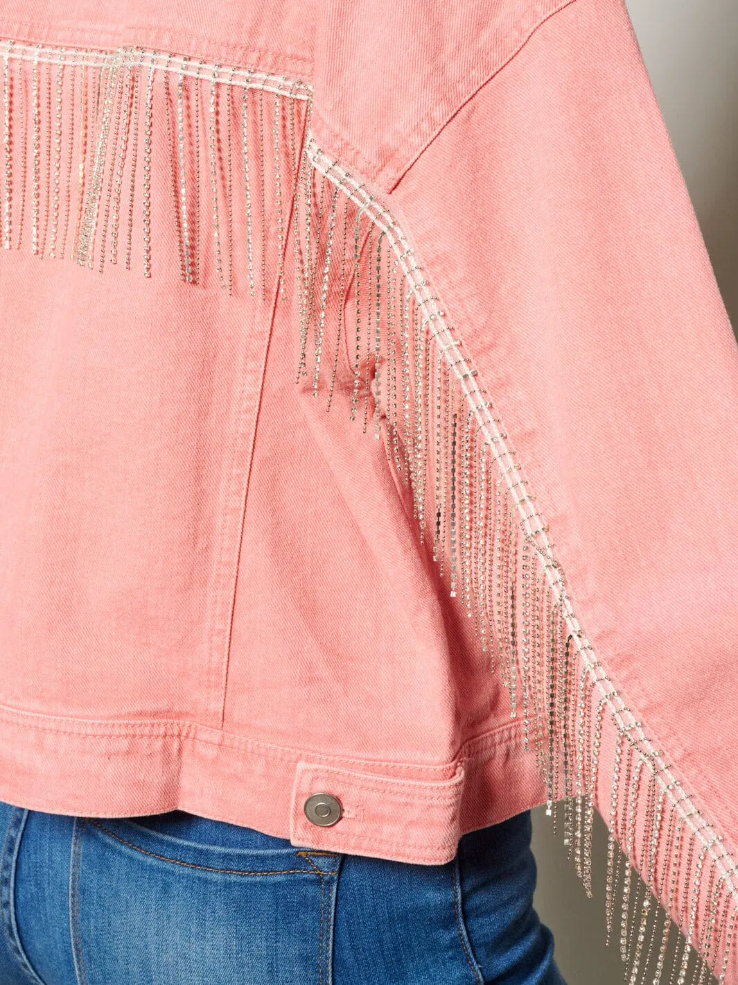 WOMEN'S LONG SLEEVE BUTTON CLOSURE STUDS FRINGE DENIM JACKET