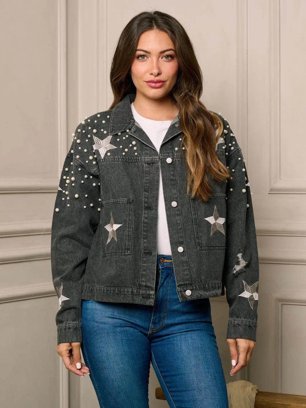WOMEN'S LONG SLEEVE BUTTON UP PEARL & STARS DETAILED DENIM JACKET