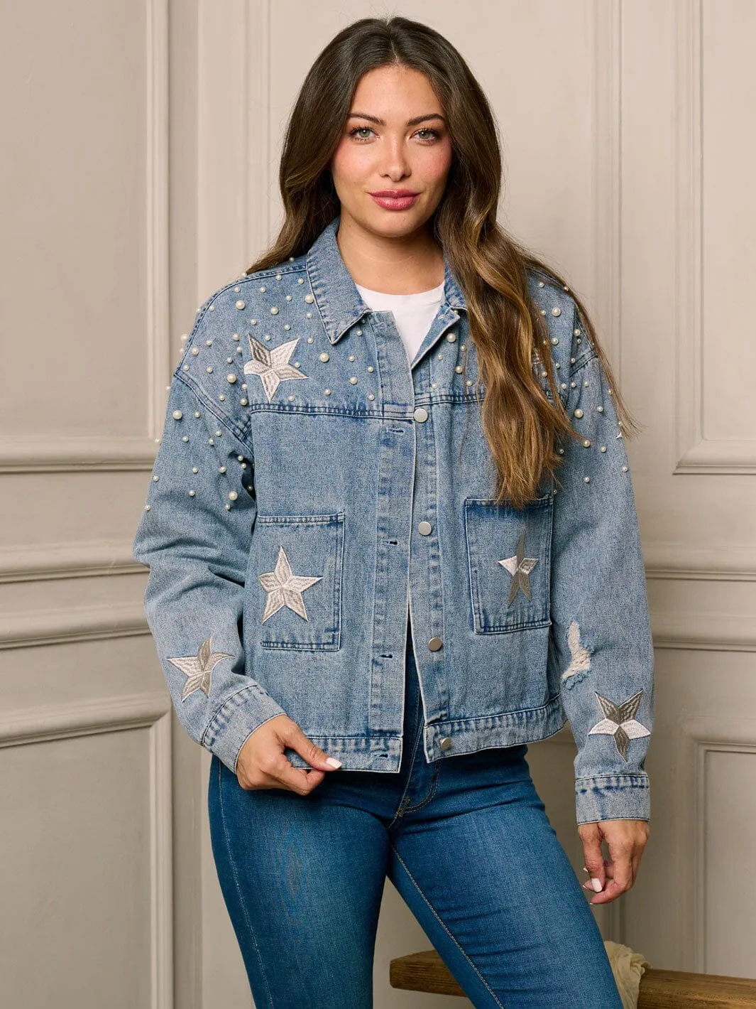 WOMEN'S LONG SLEEVE BUTTON UP PEARL & STARS DETAILED DENIM JACKET