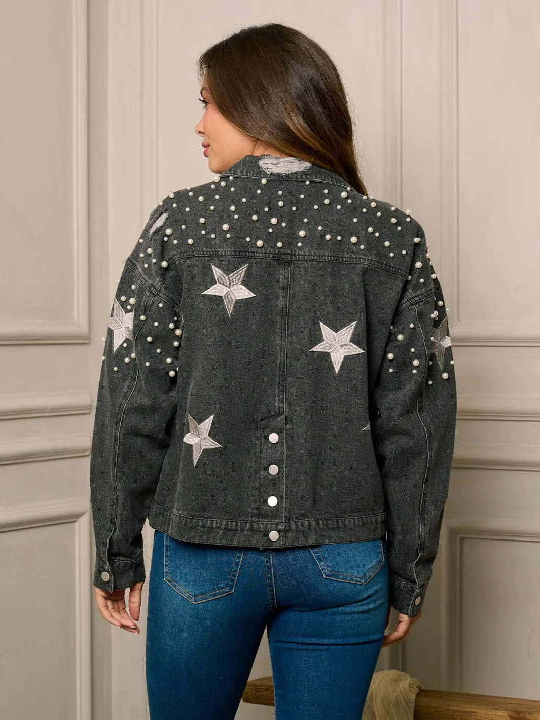 WOMEN'S LONG SLEEVE BUTTON UP PEARL & STARS DETAILED DENIM JACKET
