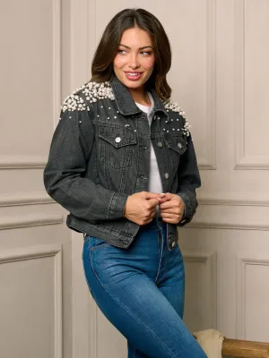 WOMEN'S LONG SLEEVE BUTTON UP PEARL DETAILED DENIM JACKET