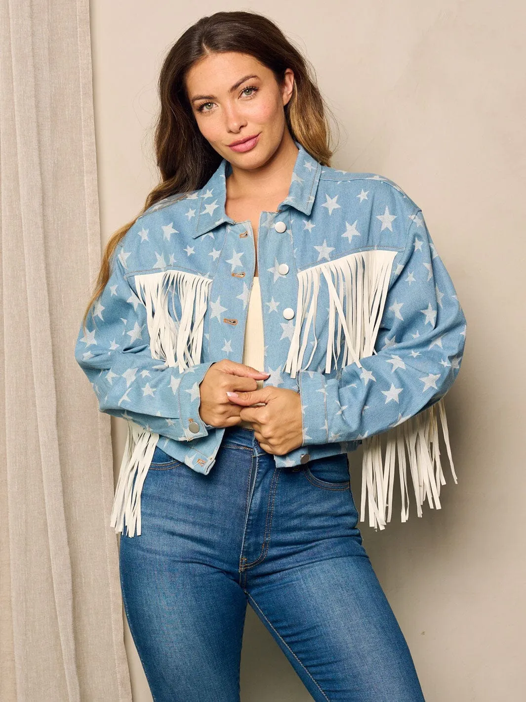 WOMEN'S LONG SLEEVE BUTTON UP STARS PRINT DENIM JACKET