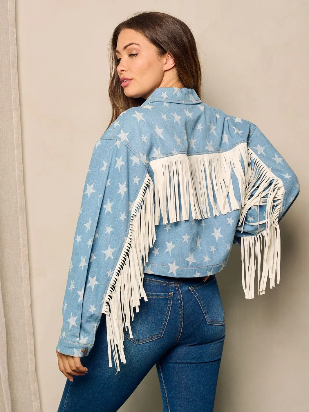 WOMEN'S LONG SLEEVE BUTTON UP STARS PRINT DENIM JACKET
