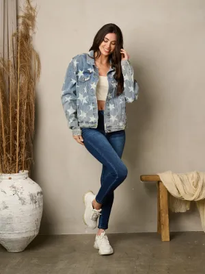 WOMEN'S LONG SLEEVE BUTTON UP STARS PRINT DENIM JACKET
