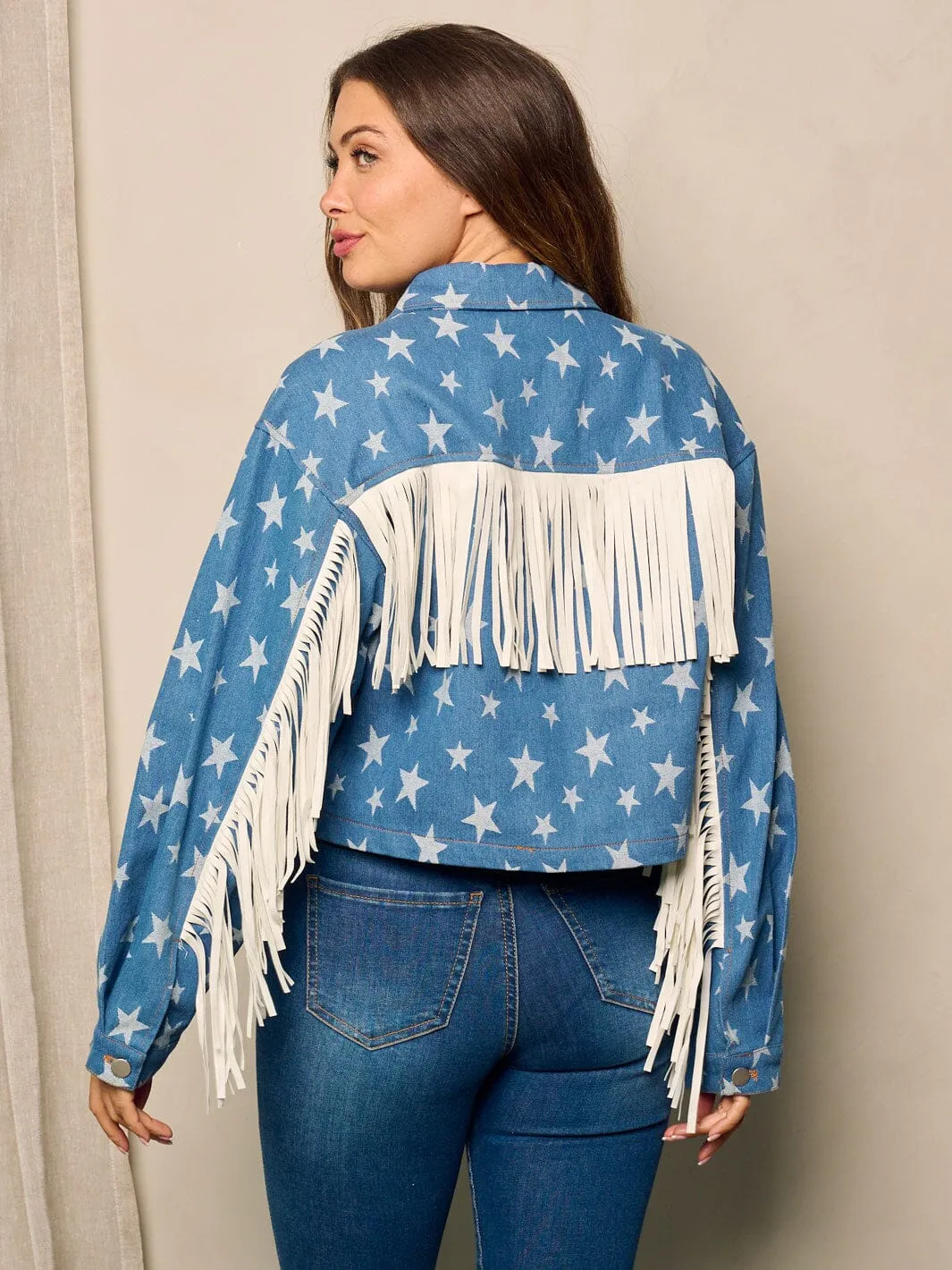 WOMEN'S LONG SLEEVE BUTTON UP STARS PRINT DENIM JACKET