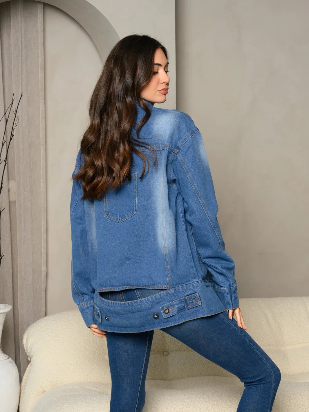 WOMEN'S LONG SLEEVE DENIM BUTTON UP WASHED FRONT POCKET BACK CUT OUT JACKET