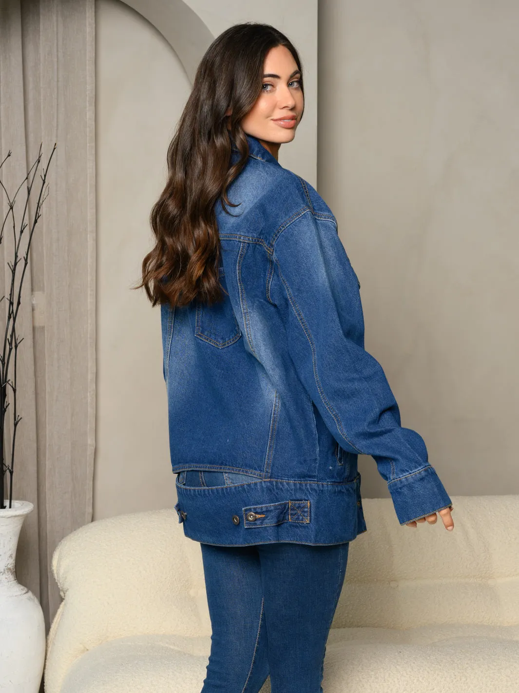 WOMEN'S LONG SLEEVE DENIM BUTTON UP WASHED FRONT POCKET BACK CUT OUT JACKET
