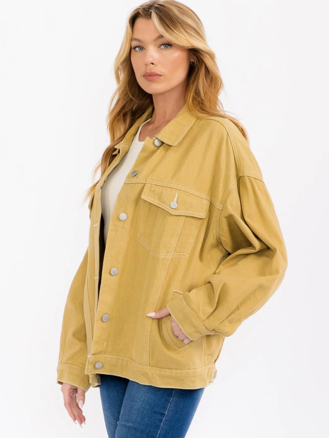 WOMEN'S LONG SLEEVE FRONT POCKET BUTTON UP DENIM JACKET
