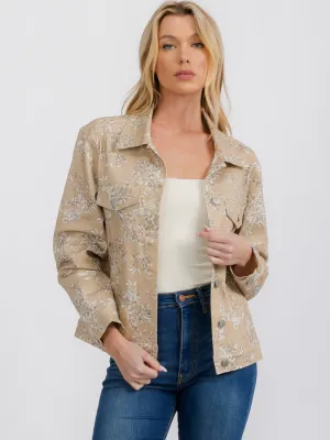 WOMEN'S LONG SLEEVE FRONT POCKETS BUTTON CLOSURE FLORAL DENIM JACKET