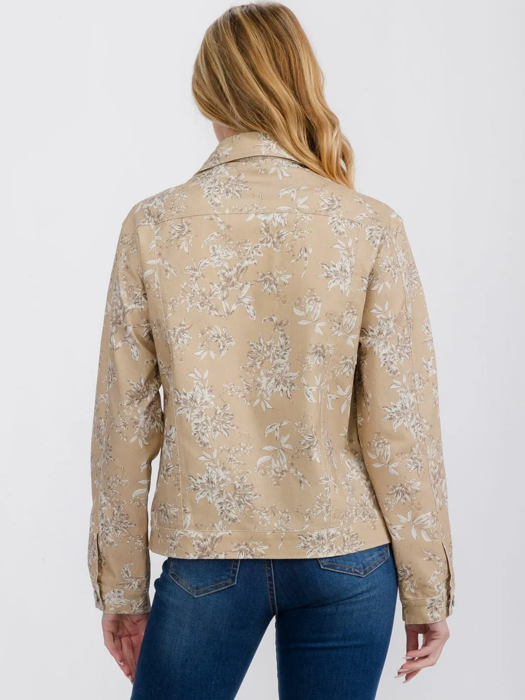 WOMEN'S LONG SLEEVE FRONT POCKETS BUTTON CLOSURE FLORAL DENIM JACKET