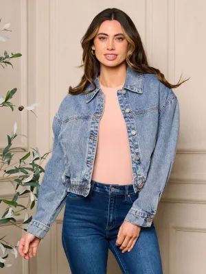 WOMEN'S LONG SLEEVE SMOCK WAIST BUTTON CLOSURE DENIM JACKET