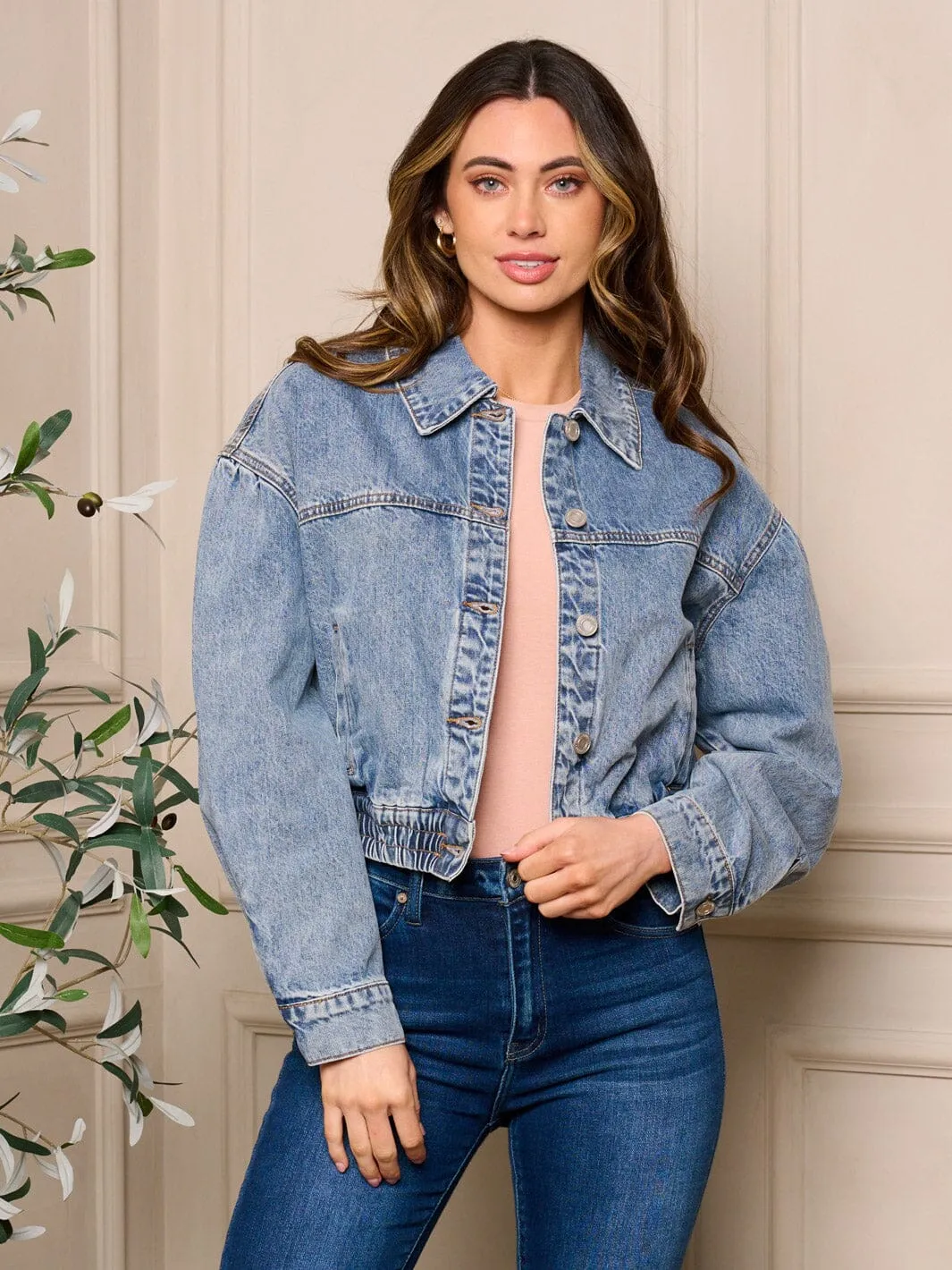 WOMEN'S LONG SLEEVE SMOCK WAIST BUTTON CLOSURE DENIM JACKET