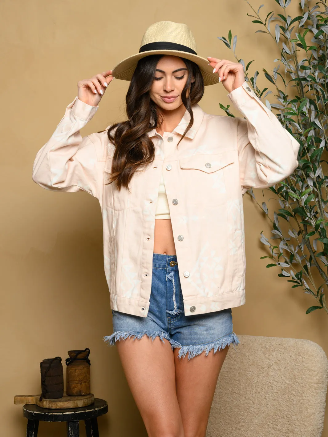 WOMEN'S LONG SLEEVE TRIBAL PRINT DENIM JACKET
