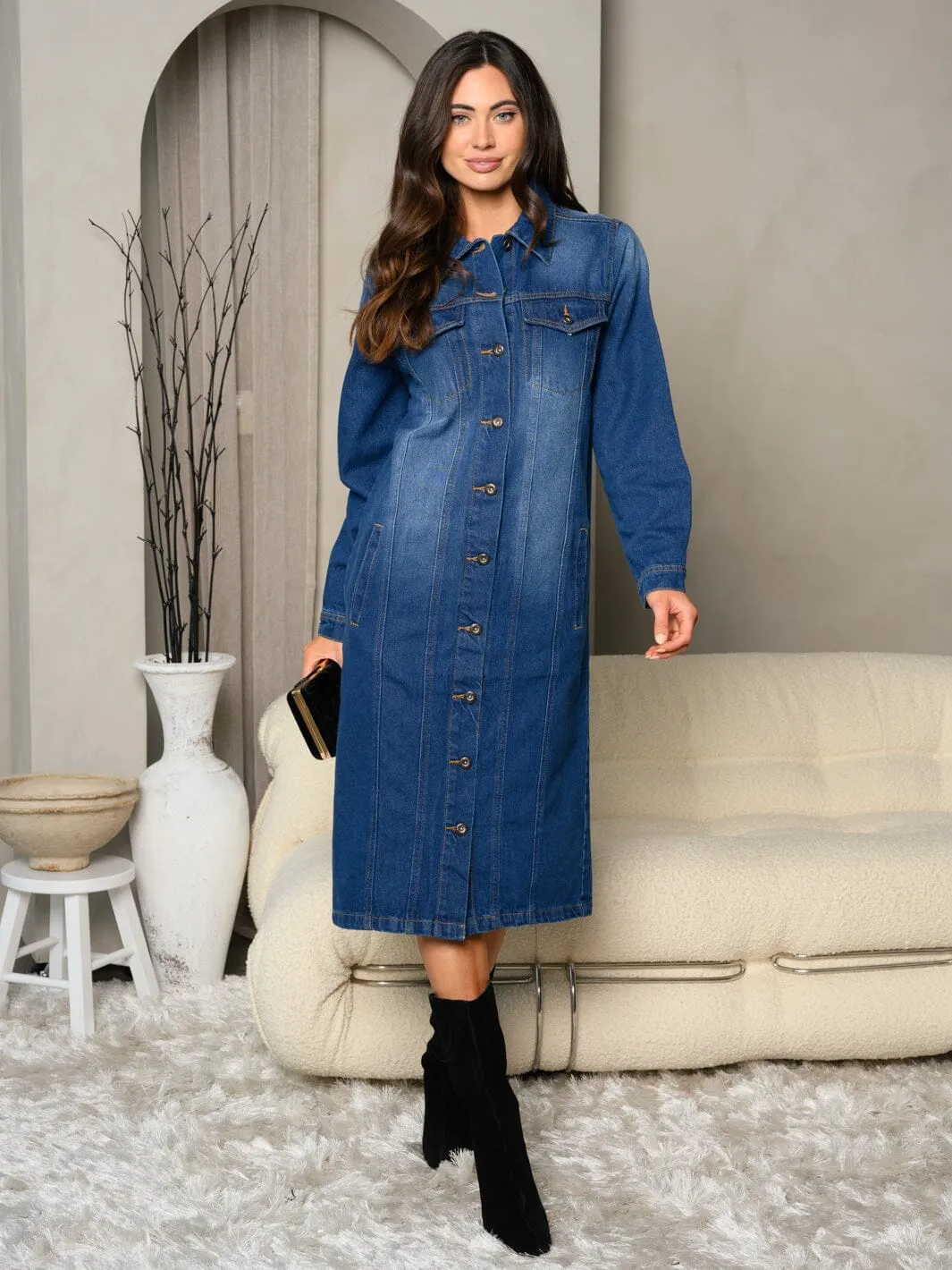 WOMEN'S LONG SLEEVE WASHED DENIM JACKET DRESS