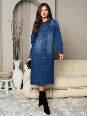 WOMEN'S LONG SLEEVE WASHED DENIM JACKET DRESS