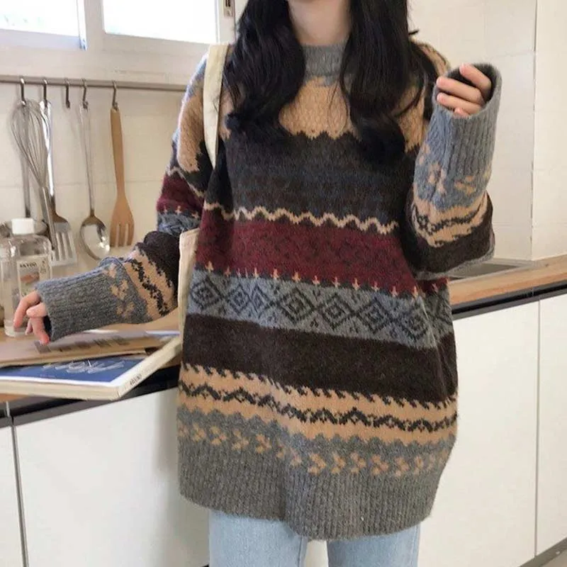 Women’s Retro Academia Loose Sweater Knitted Pullover Korean Style Vintage