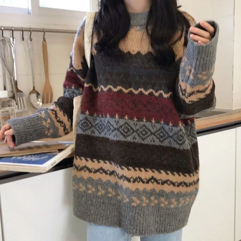 Women’s Retro Academia Loose Sweater Knitted Pullover Korean Style Vintage