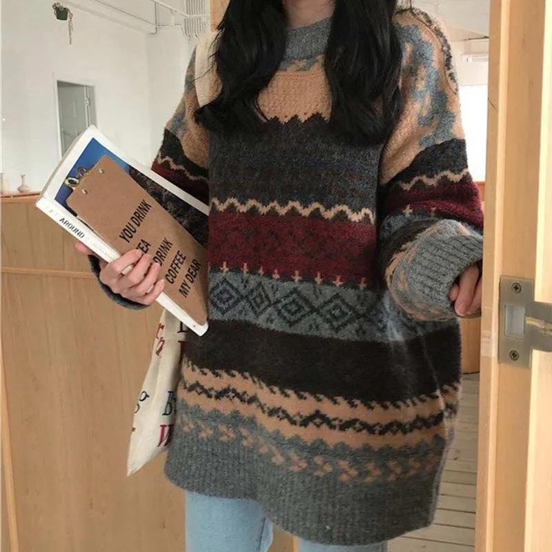 Women’s Retro Academia Loose Sweater Knitted Pullover Korean Style Vintage