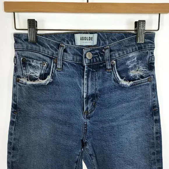 Womens Size 24 24x27 AGOLDE Blue Toni High-Rise Distressed Slim Straight Jeans