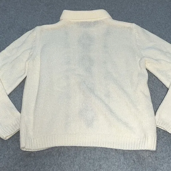 Y2K 90s Vintage Chenille Sweater Medium Petite Collar Ivory Cottage Preppy