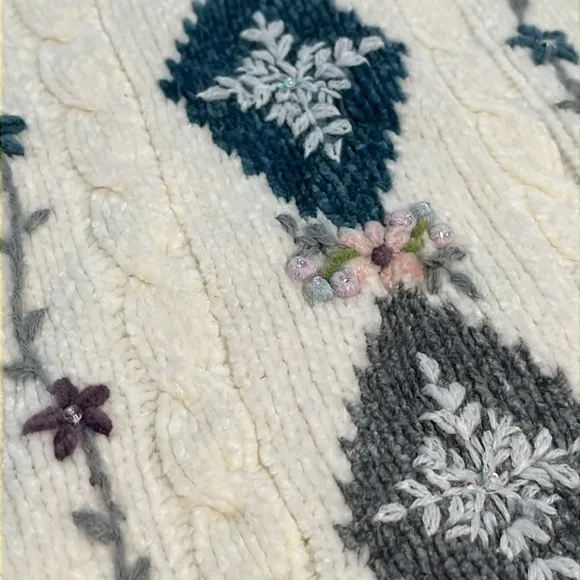 Y2K 90s Vintage Chenille Sweater Medium Petite Collar Ivory Cottage Preppy