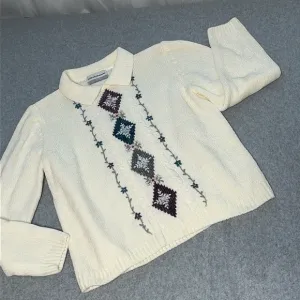 Y2K 90s Vintage Chenille Sweater Medium Petite Collar Ivory Cottage Preppy