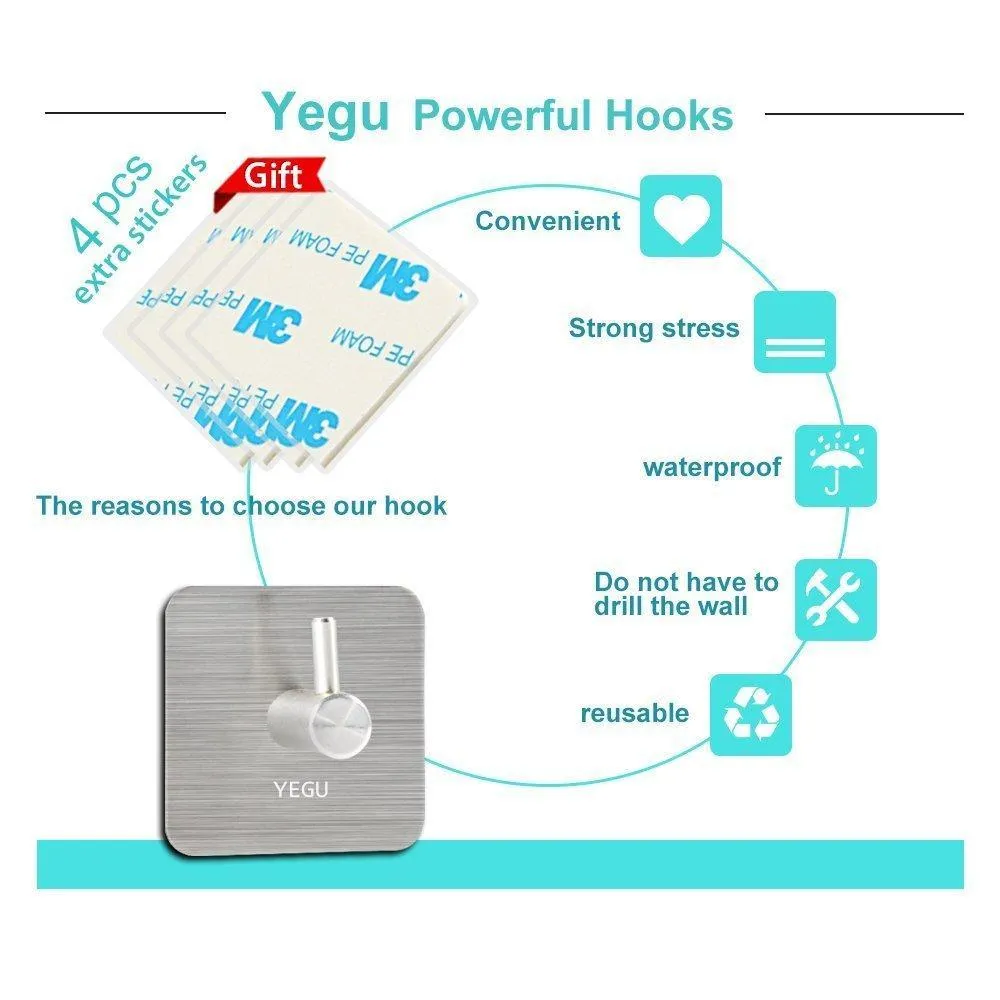 Yegu 3M Self Adhesive Hook 4 Pack SUS304 Stainless Steel Brushed Nickel Robe Towel Coat Hanger Key Rack Garage Storage Organizer Stick On Sticky Bathroom Kitchen Wall Mount Heavy Duty