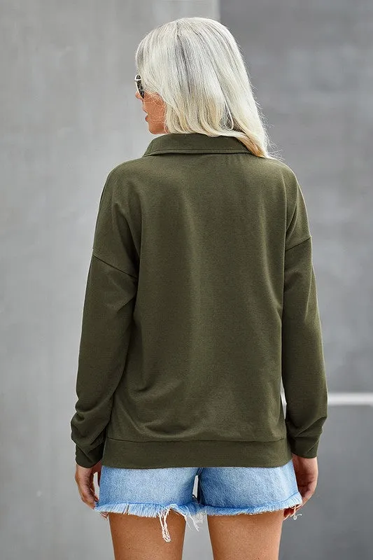 Zipper Neck Long Sleeves Top