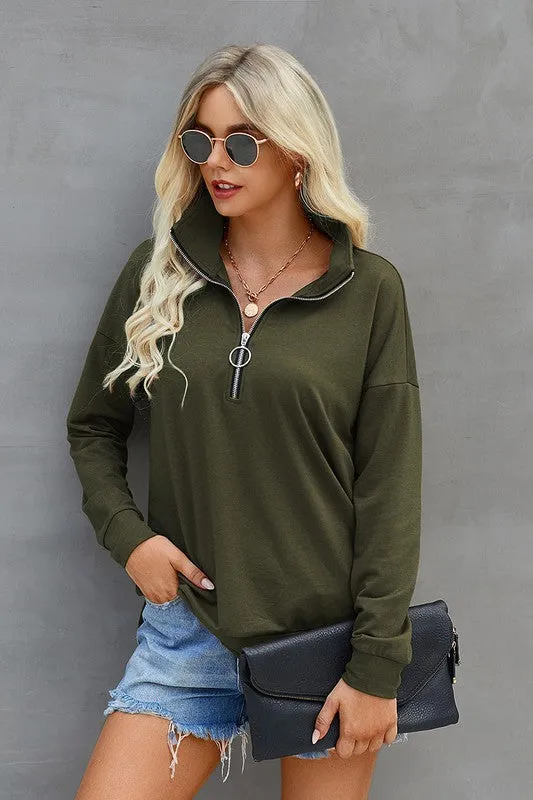 Zipper Neck Long Sleeves Top